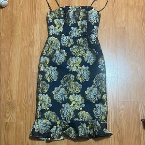 Hutch (Anthropologie) cocktail Dress in blue with gold and silver floral design